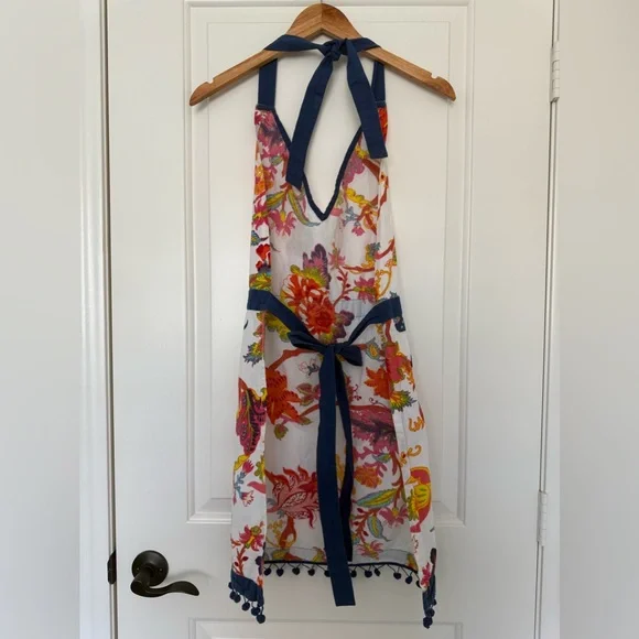 Sur La Table Floral Chinoiserie Apron w/ Pom Pom Trim - Vibrant Kitchen Chic - Picture 3 of 8